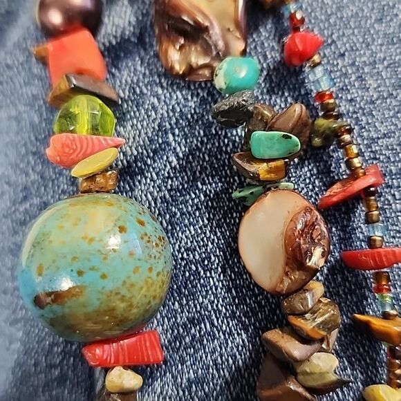 Artsy Colorful Eclectic Seashell, Ceramic and Stone Beaded Necklace - Picture 2 of 12